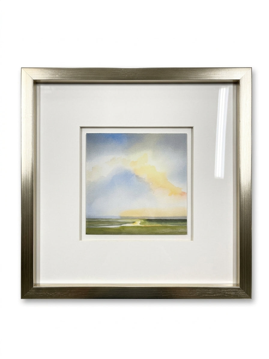 "La Manana V" Ethereal Framed Watercolor Landscape – Modern Coastal Art