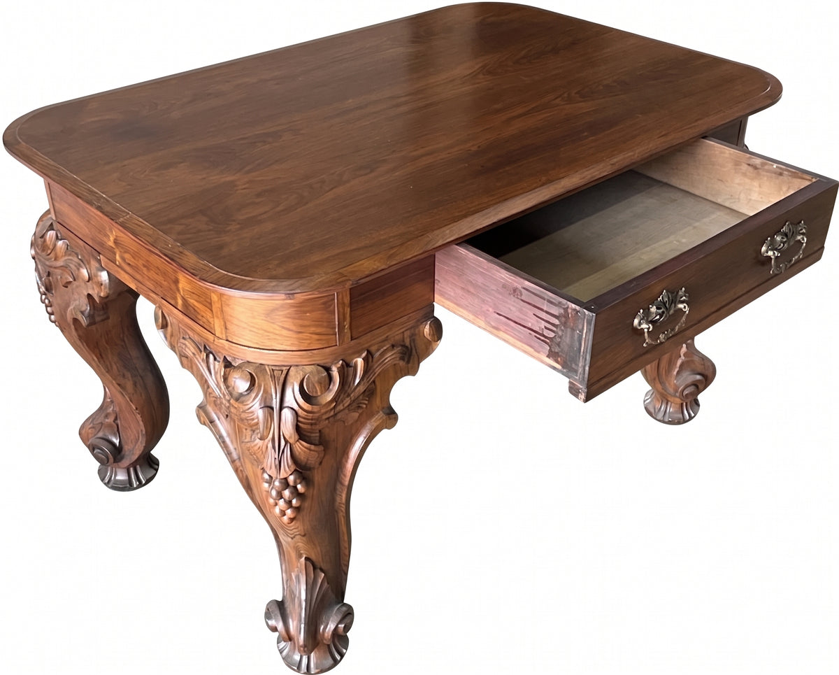 Antique Victorian Rococo Rosewood Writing Desk – Carved Grape Cluster Legs