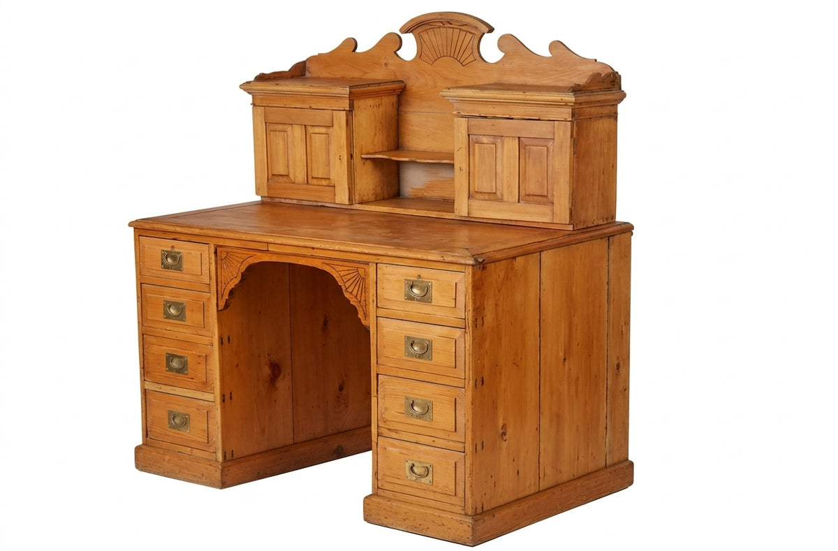 Antique English Stripped Pine Pedestal Desk with Pigeonhole Hutch – 9 Drawers