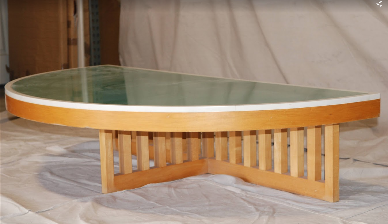 MOYER/HOFFMAN STYLE COCKTAIL TABLE WITH CORIAN AND SOLEX GLASS TOP