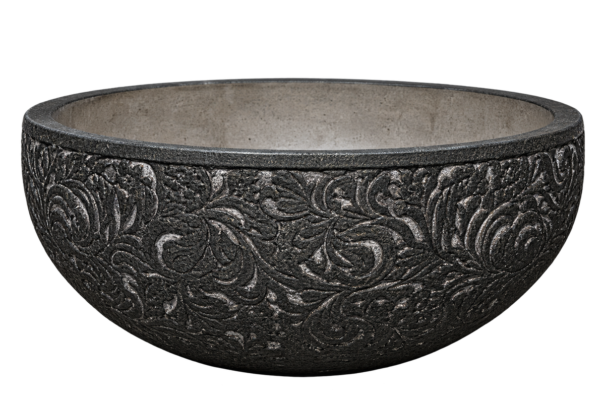 Carved Black Decorative Centerpiece Bowl – Acanthus Floral Relief Vessel