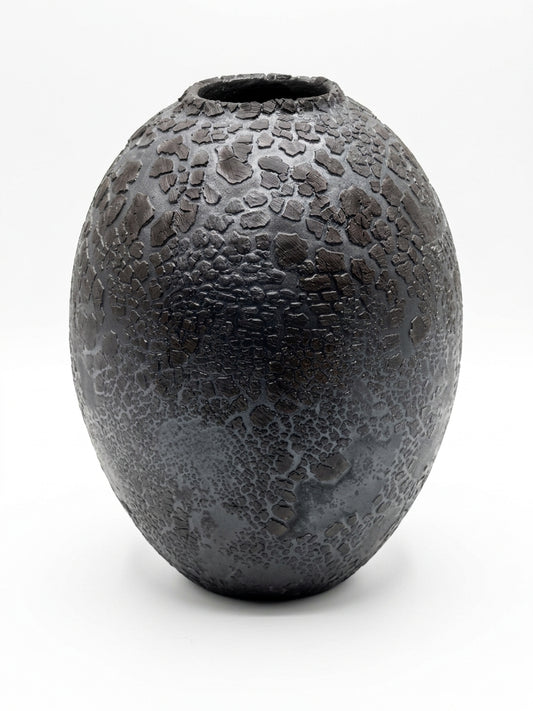 Brutalist Textured Black Studio Ceramic Egg Vase – 10” Lava Crackle Vessel