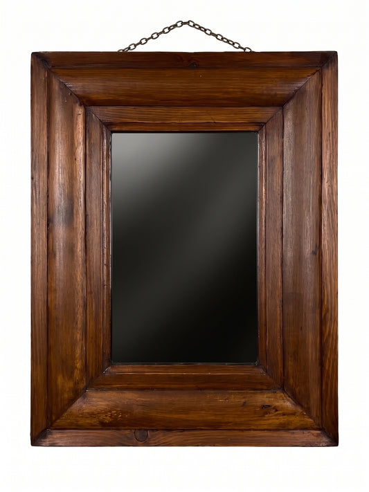 Rustic Solid Pine Wall Mirror with Stepped Frame & Chain – Warm Farmhouse Decor