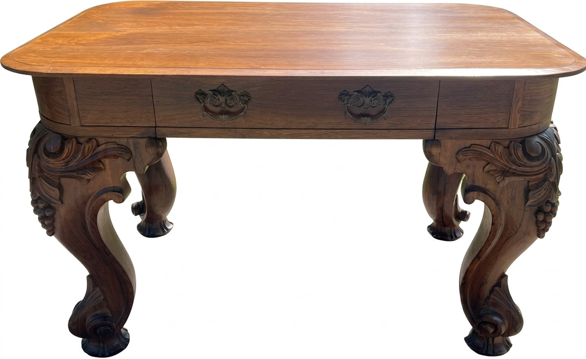 Antique Victorian Rococo Rosewood Writing Desk – Carved Grape Cluster Legs