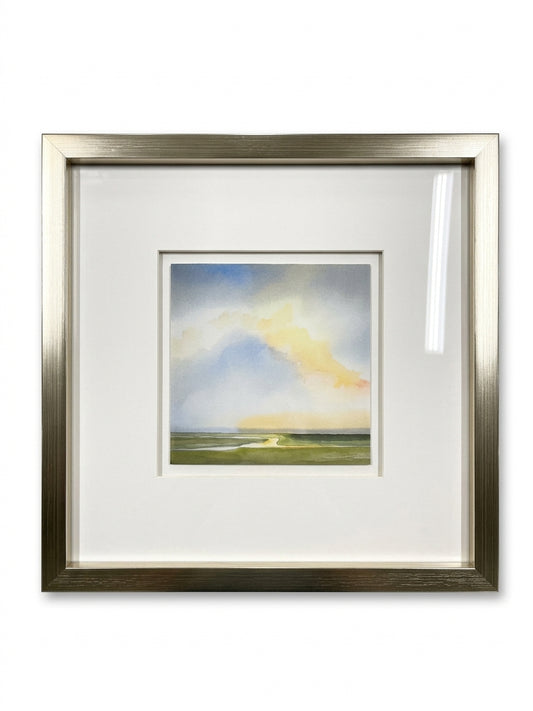 "La Manana V" Ethereal Framed Watercolor Landscape – Modern Coastal Art