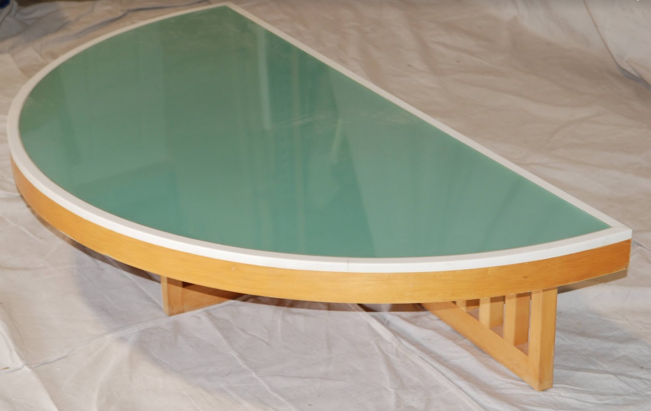 MOYER/HOFFMAN  STYLE COCKTAIL TABLE WITH CORIAN AND SOLEX GLASS TOP