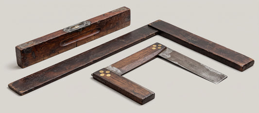 Lot of 3 Antique Woodworking Tools – Brass Spirit Level & Wood Squares
